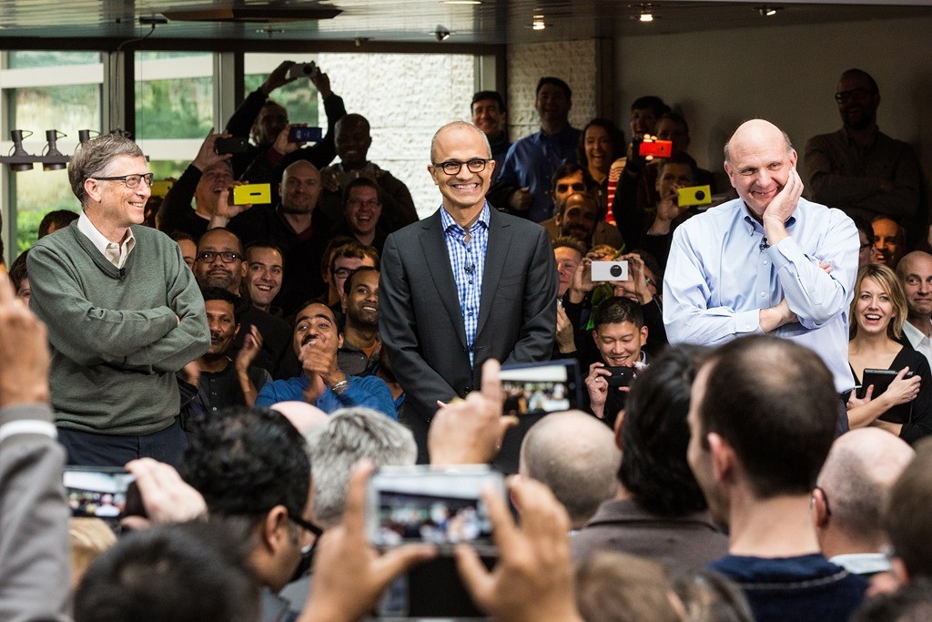 Image credit – By Brian Smale – Satya Nadella on his first day as CEO of Microsoft, with former CEOs Bill Gates and Steve Ballmer , CC BY-SA 4.0