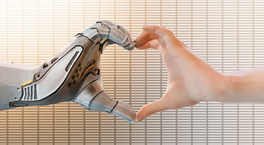 Human & AI Power Duo - AI and Human hands making a heart