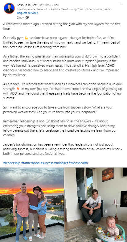 Personal LinkedIn post from Joshua